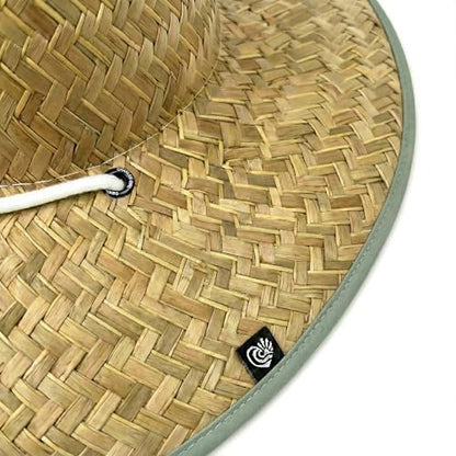 Women's Wide Brim Straw Sun Hat for Beach, Lifeguard Style, Hand-Woven Rush & Mat, Adjustable Chin Drawstring - color: The Sage