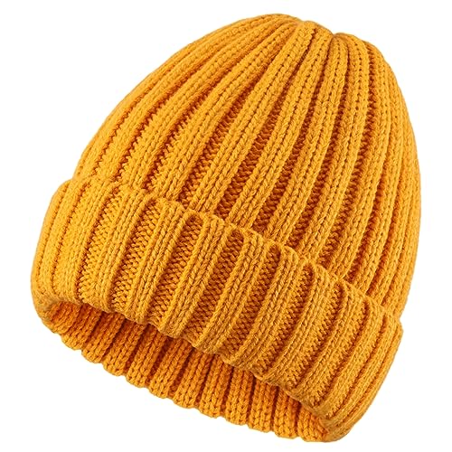 Connectyle Women's Rib Knit Cuffed Beanie Hat Stretch Acrylic Winter Hat Thick Warm Snow Ski Cap - color: Gold Yellow