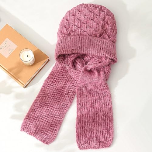 Women Winter Warm Elastic Soft Ear Protection Knitted Scarf Hat Fleece Lined Beanie Hat - color: Pink