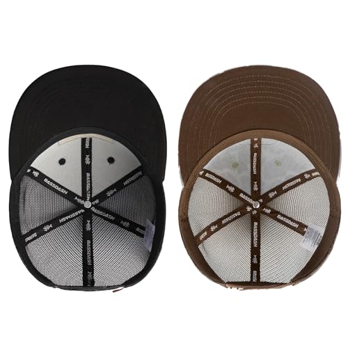 BASSDASH 2 Pack Flat Brim Trucker Cap Adjustable Snapback Hat Mesh Back for Men Women Fishing Hunting - color: Pack of 2, Black/Fish Flag & Color Block Camo
