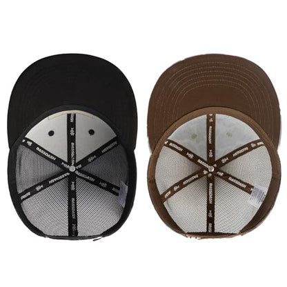 BASSDASH 2 Pack Flat Brim Trucker Cap Adjustable Snapback Hat Mesh Back for Men Women Fishing Hunting - color: Pack of 2, Black/Fish Flag & Color Block Camo
