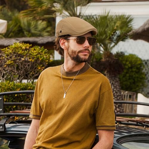 meioro Men's Cotton Newsboy Hat Striped Texture Adjustable Flat Cap - color: Khaki