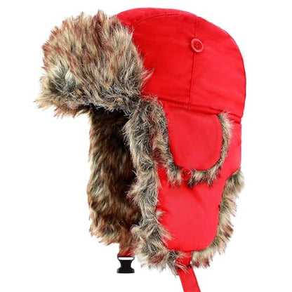 Faux Fur Safety Reflective Plain Plaid Aviator Trapper Hat Snow Ski Trooper Winter Cap - color: 1. Plain - Red, size: Small-Medium
