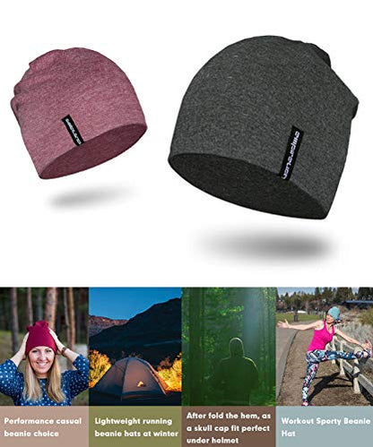 EMPIRELION Mens Running Beanie Hat, 9" Lightweight Helmet Liner Skull Cap - color: Dark Grey Mel. + Ruby Wine Mel.