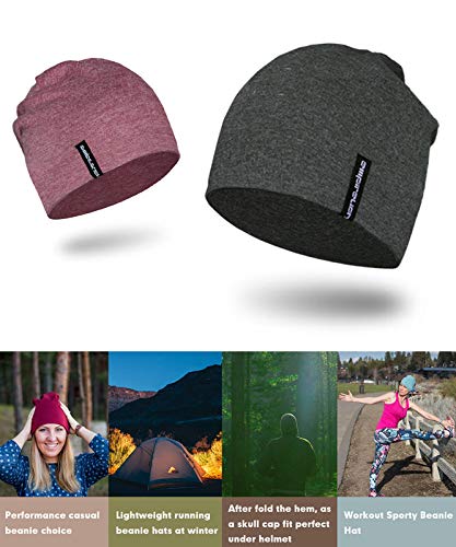 EMPIRELION Mens Running Beanie Hat, 9" Lightweight Helmet Liner Skull Cap - color: Dark Grey Mel. + Ruby Wine Mel.