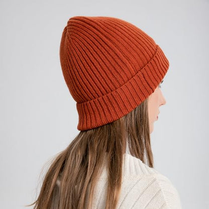 100% Merino Wool Cuff Beanie Hat, Unisex Warm Winter Caps Soft, Breathable & Cozy Stretchy Knitted Cuffed Cap - color: Dark Orange