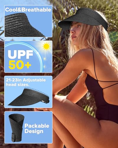 EW EastWater Beach Sun Visor Hats for Women, Wide Brim UPF50+ Sun Protection Straw Hat Packable Foldable for Summer - color: Black, size: One Size
