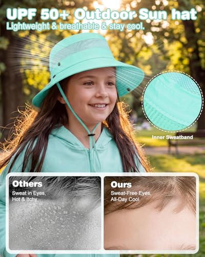 Century Star Kids Sun Hat with Ponytail Hole & Detachable Neck Flap UPF50+ Quick Dry Girls Bucket Hat for Outdoor Beach - color: Lake Blue
