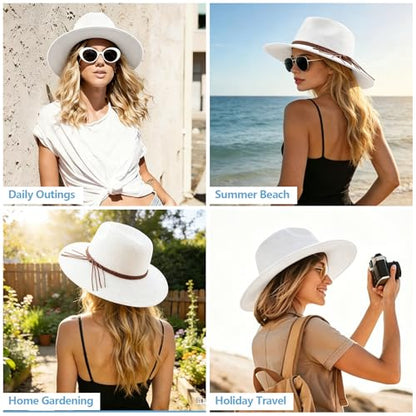 DRESHOW Women Straw Panama Hat Travel Fedora Beach Sun Hat Summer Wide Brim Straw Roll up Hat UPF 50+ - color: Straw Hat With Braided Band: White