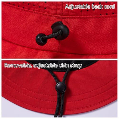 UPF 50+ Bucket Sun Hat with Laser Perforated Mesh Cooling Adjustable Breathable Lightweight for Outdoor Men Women - color: White & Red
