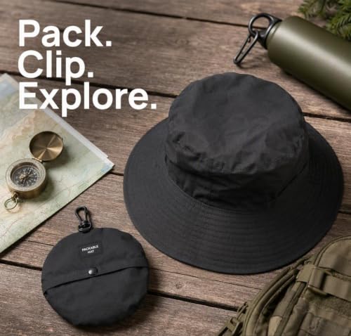 Unisex Foldable Bucket Hat Sun Protection Packable with Windproof Chin Strap & Storage Pouch for Hiking Fishing Camping - color: Navy Blue