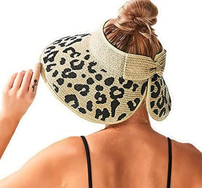 Women Sun Visors Wide Brim Foldable Packable Ponytail Beach Hat Straw Leopard Roll Up Bow Visor Sun Hats - color: Beige