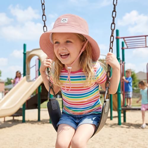 Kids Sun Hat Smile Face Bucket Hat Toddler Hat Wide Brim Adjustable Strap - color: Pink+white, size: 3-8T