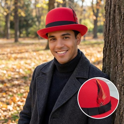 Classic Fedora Hat with Feather, Dome Hard Bowler Cap - color: Red