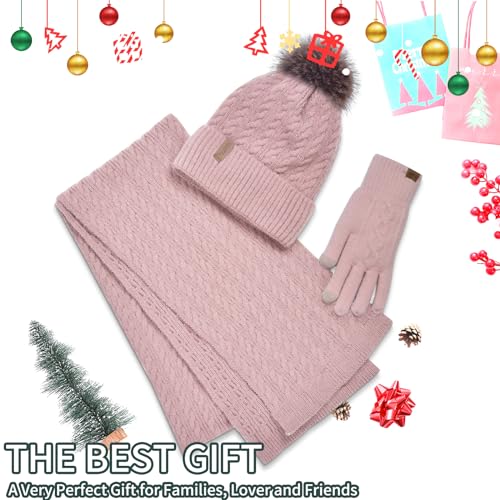 Winter Hat Scarf Gloves Set for Women, Classic Cable Beanie with Removable Pom Pom Long Scarf Touchscreen Gloves 3 in 1 Set - color: Pink