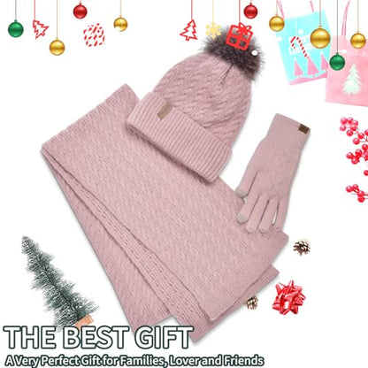 Winter Hat Scarf Gloves Set for Women, Classic Cable Beanie with Removable Pom Pom Long Scarf Touchscreen Gloves 3 in 1 Set - color: Pink