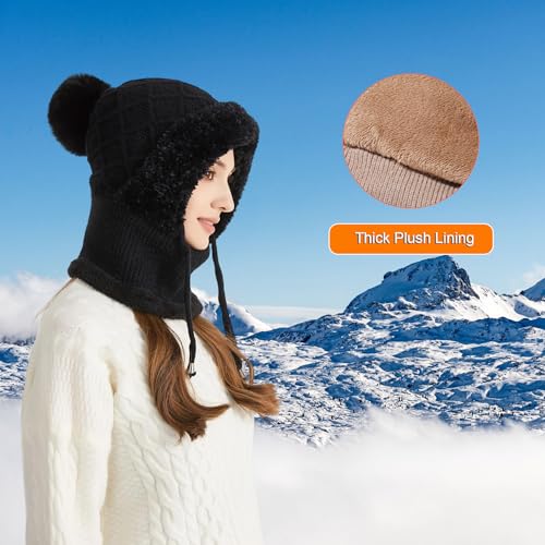 HUAMULAN Women Cable Knit Balaclavas Winter Fleece Lined Beanie Hat - color: Black With String