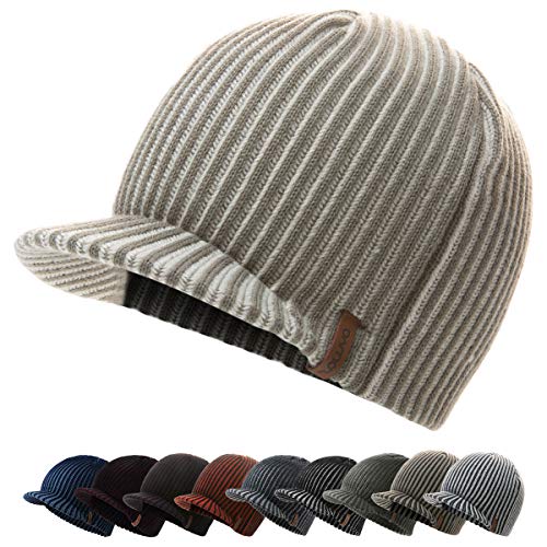 zowya Winter Visor Beanie Hat for Men & Women Brim Knit Skully Hats Billed Skull Cap Thick Vintage Contrast Color,1Hat - color: Khaki