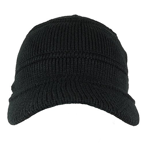 Army Style Acrylic Cadet Winter Beanie Hat with Visor - color: Black