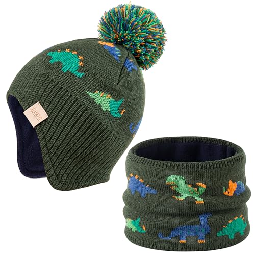 Beanie Knit Hats for Toddlers with Earflap Fleece Lined Hat Kids Warm Winter Hat Scarf Set Children's Thick Ski Cap - color: Small Dinosaur-armygreen+scarf
