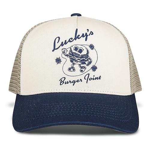Lucky Brand Trucker Hat | Snapback | Adjustable | Mesh Back | Retro | Baseball Cap | Golf | Fishing | American Heritage - color: Burger Joint - Navy