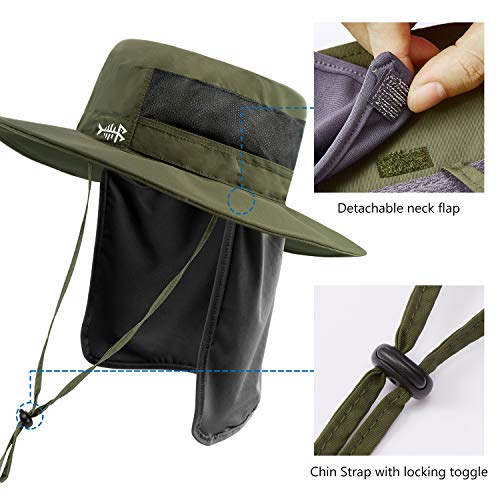 BASSDASH UPF 50+ Sun Fishing Hat Water Resistant with Detachable Neck Flap - color: Army Green