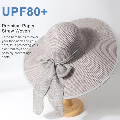 DRESHOW Beach Hats for Women Big Straw Wide Brim Summer Hat Floppy Foldable Roll up Cap Sun Hat UPF 50+ - color: Gery /Normal Edge