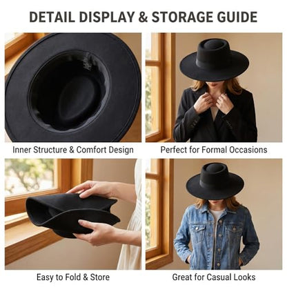 Black Wide Brim Fedora Hat Satin Bow Flat Top Wedding Cap for Women