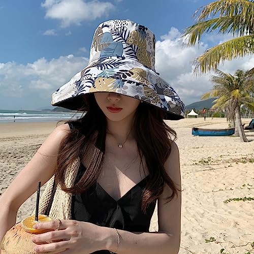 HUAMULAN Women Summer Vacation Wide Brim Sun Hat Reversible Fishing Hats - color: Navy