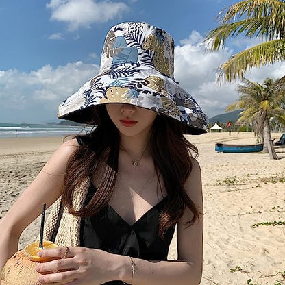 HUAMULAN Women Summer Vacation Wide Brim Sun Hat Reversible Fishing Hats - color: Navy