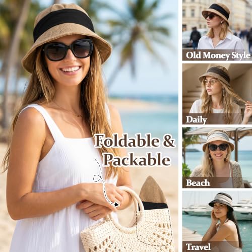 Babalet Women Summer Bucket Sun Hat Lightweight Beach Faux Linen Blend Bucket Hat Adjustable Foldable UV Protection Beach Cap - color: Marled Khaki / Black Band