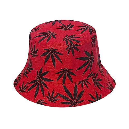 Punk Black Green Red Leaf Weed Fisherman Caps Bucket Hats Hip Hop Gorro Outdoor Men - color: Red Black