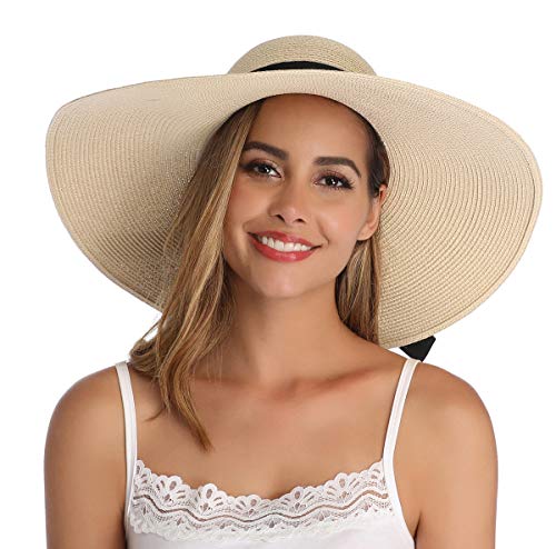 Lanzom Womens Wide Brim Straw Hat Big Floppy Foldable Roll up Cap Beach Sun Hat UPF 50+ - color: Bowknot-khaki