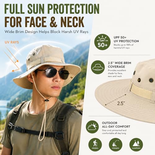 Taeku Sun Hat, Unisex Wide Brim Bucket Hat Sun Protection Cap Breathable Boonie Hat for Fishing Hiking Gardening Safari - color: Beige