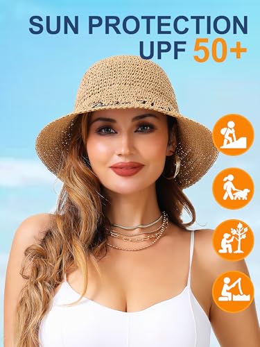 sy soul young Women's Straw Sunhat Wide Brim Hand Woven Beach Bucket Hat - color: Letter Khaki