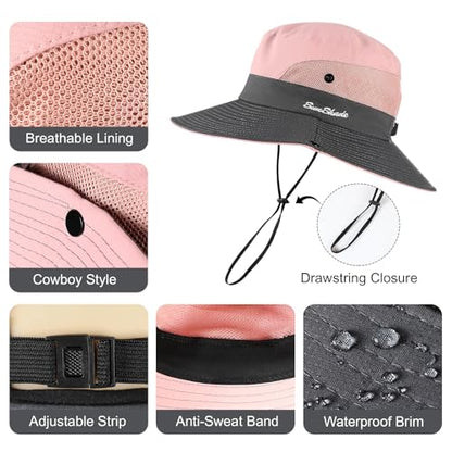 Womens Sun Hat with Ponytail Hole, UV Protection Foldable Beach Fishing Hat - color: Pink & Grey