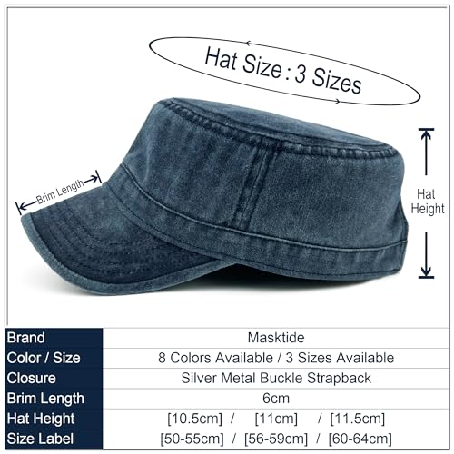 Washed Cotton Military Hat Cadet Cap Army Flat Top Basic Everyday - color: Navy, size: Medium-Large