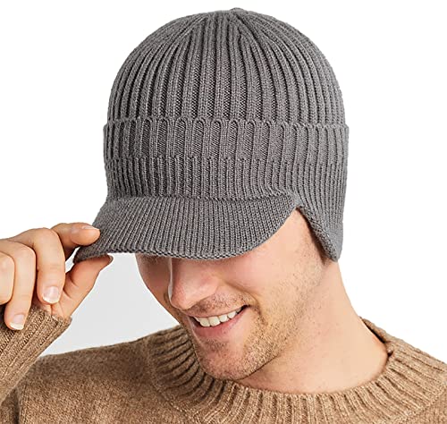 Men Earflap Beanie Knitted Lined Skullies Baseball Cap Windproof Neck Warmer - color: Grey
