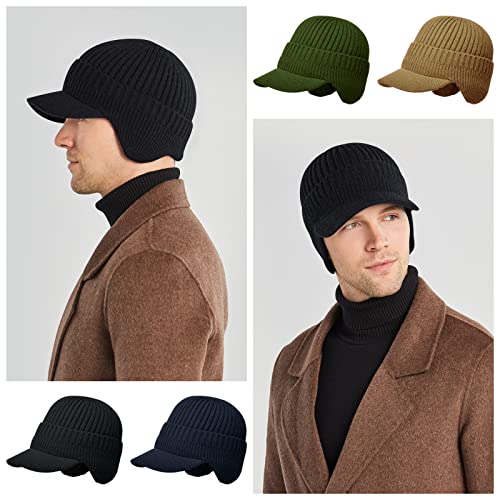 Men's Winter Hat with Brim, Warm Earflaps Hat for Men, Thick Fleece Lined Knit Winter Beanie Outdoor - color: Black