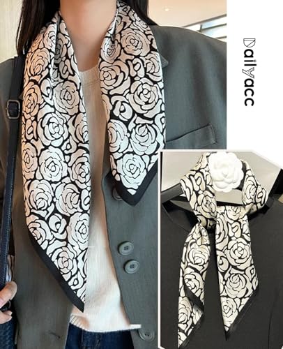 Dailyacc Hair Bandanas Scarf For Women Lightweight Fashion Neck Silk Satin Head Scarves For Sleeping Handbags Scarf - color: 28-black Peony/27.5*27.5in