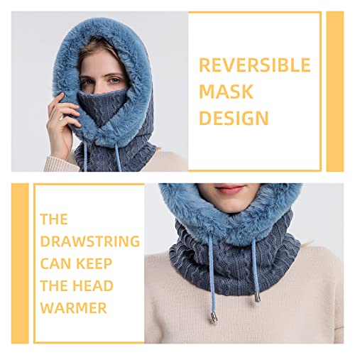 Womens Winter Hats, Warm Hooded Scarf Hat for Women, Fleece Beanie Hat with Drawstring, Balaclava Knit Skull Cap - color: Navy Blue