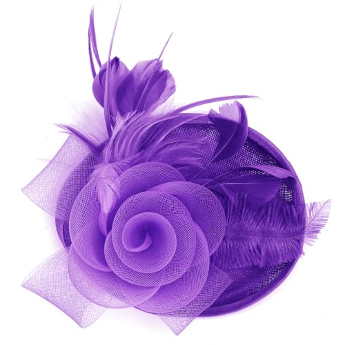 BABEYOND Fascinators Hats for Women Tea Party Mesh Flower Pillbox Derby Hat - color: Purple