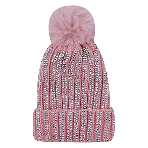 Women Girls Winter Sequin Beanie Hat with Faux Fur Pom Pom Knit Skull Cap - color: Shiny-pink