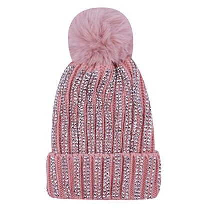Women Girls Winter Sequin Beanie Hat with Faux Fur Pom Pom Knit Skull Cap - color: Shiny-pink