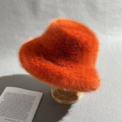 Dikoaina Faux Fur Bucket Hat for Women Girl – Oversized Brim, Super Soft & Fluffy Winter Hat - color: Brown