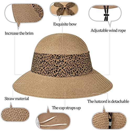 Womens Straw Sun Hat Summer Beach Wide Brim UV Protection Hats with Chin Strap Floppy Foldable Cute Bowknot UPF 50 Cap - color: Leopard Khaki