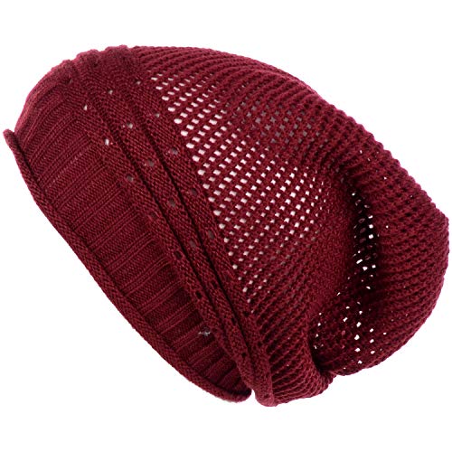BYOS Women's Airy Cool Lightweight Cutout Long Slouchy Crochet Knit Beanie Hat - color: Net-burgundy