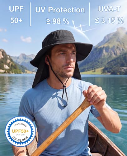 Home Prefer UPF 50+ Wide Brim Sun Hats with Neck Flap Sun Protection Hat for Men Women Gardening Fishing Summer Bucket Hat - color: Black