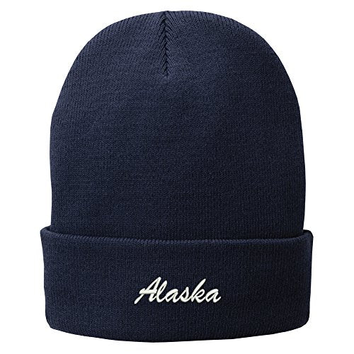 Trendy Apparel Shop Alaska Embroidered Winter Folded Long Beanie - color: Navy