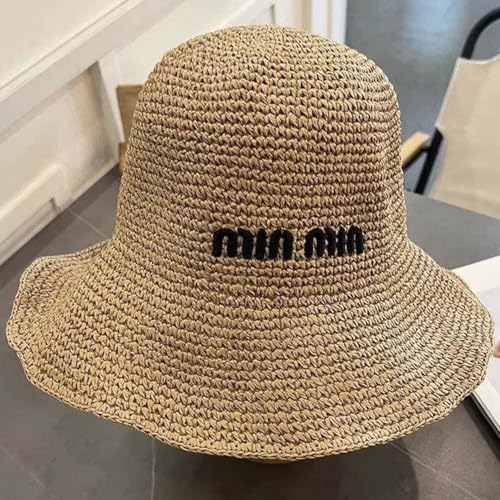 Women Straw Sun Hat Summer Beach Hats Foldable Floppy Cap Wide Brim Bucket Hat Solid Handmade Sun Protection Caps - color: Min-khaki